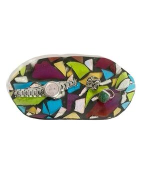 Unbranded Rectangular Multicolored Fused Glass Trinket Dish Gold Foil Jewlery
